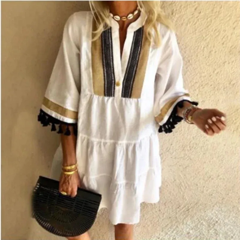 DressBetty - 2024 Beach V-neck Ruffle Floral Printed Short Boho Dress