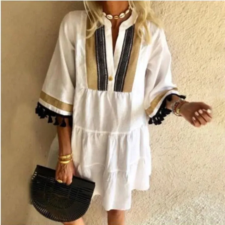 DressBetty - 2024 Beach V-neck Ruffle Floral Printed Short Boho Dress