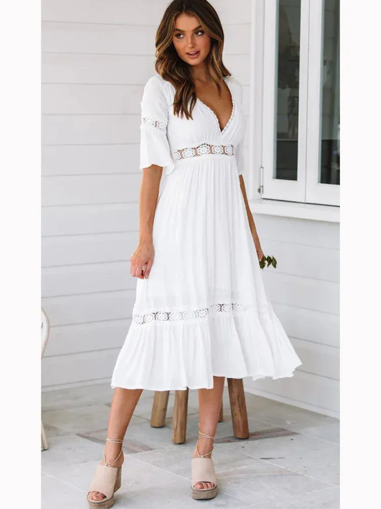 DressBetty - 2024 Sexy V Neck Lace Splice Boho Midi Dress