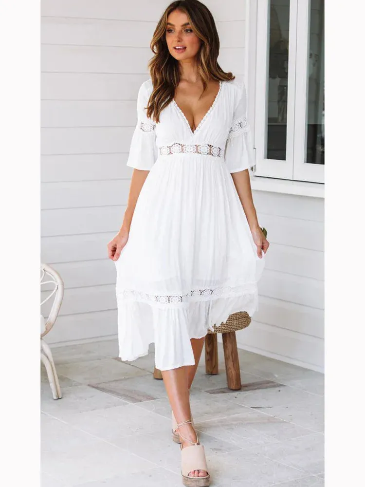 DressBetty - 2024 Sexy V Neck Lace Splice Boho Midi Dress