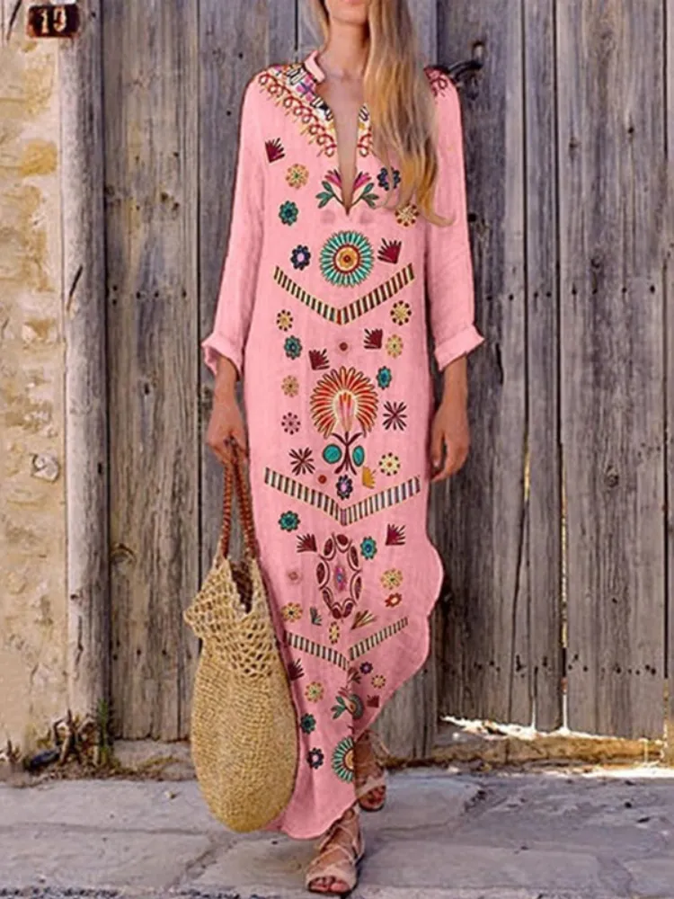 Dunnmall Floral-Print Long Sleeve Floral Summer Dress