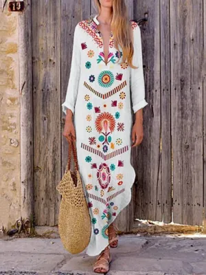 Dunnmall Floral-Print Long Sleeve Floral Summer Dress