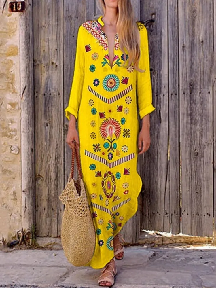 Dunnmall Floral-Print Long Sleeve Floral Summer Dress