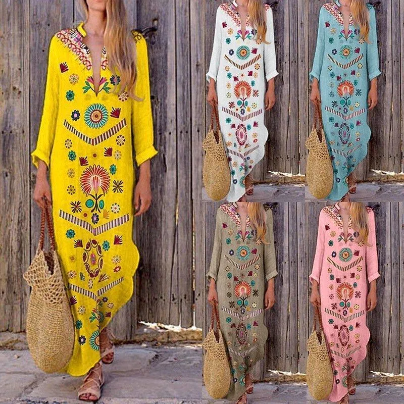 Dunnmall Floral-Print Long Sleeve Floral Summer Dress