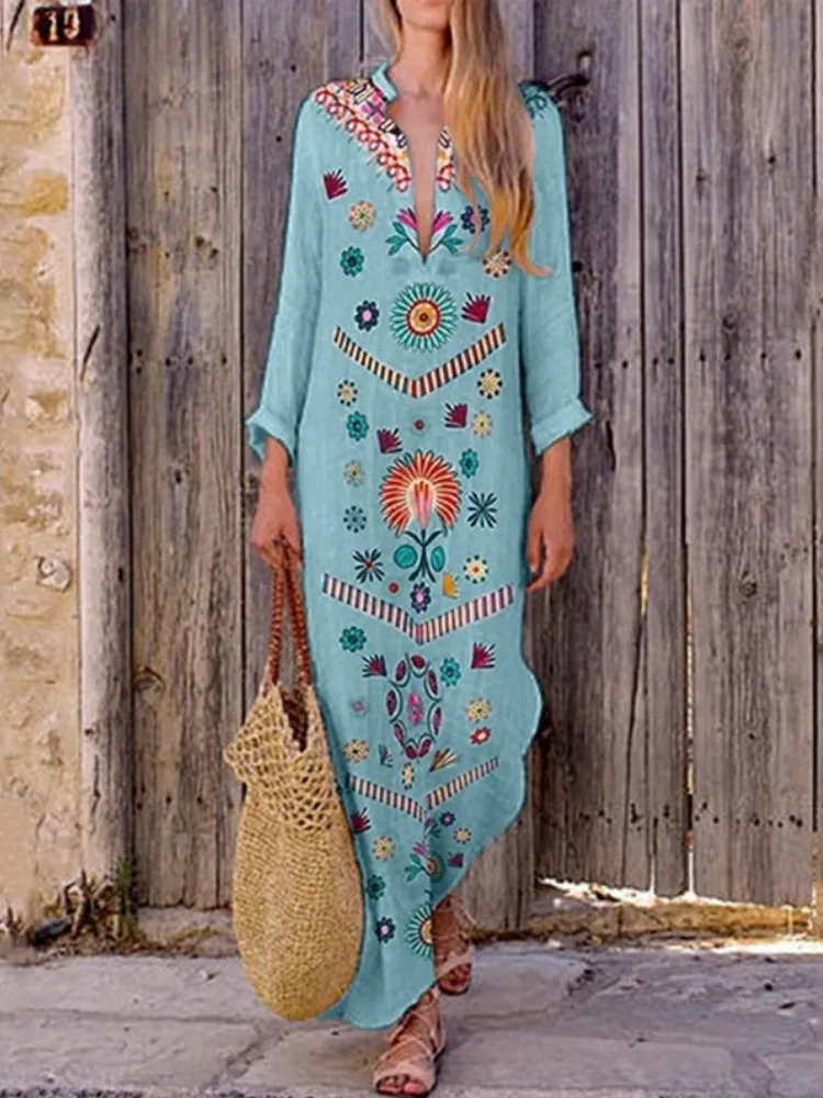 Dunnmall Floral-Print Long Sleeve Floral Summer Dress