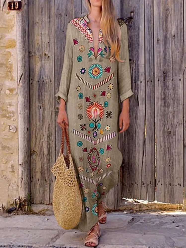 Dunnmall Floral-Print Long Sleeve Floral Summer Dress