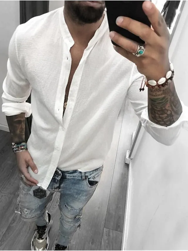 Dunnmall mens  long sleeve shirts button down mandarin collar casual regular fit dress shirts (xx-large, a- gray)