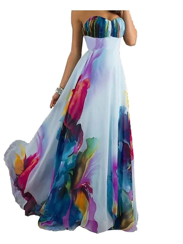Dunnmall Women's Maxi White Dress Sexy Summer Vacation Beach Chiffon Swing Floral Strapless Print S M High Waist