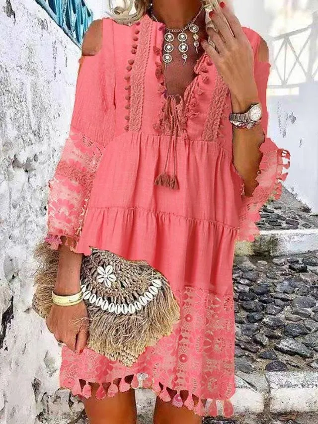 Dunnmall Women's Shift Dress Short Mini Dress - 3/4 Length Sleeve Tassel Fringe Lace Cold Shoulder Summer Hot Casual Boho vacation dresses White Blue Yellow Beige Light Blue S M L XL XXL 3XL-0208808