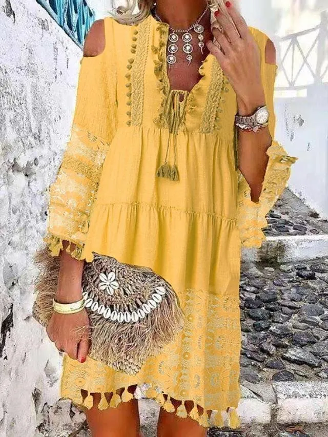 Dunnmall Women's Shift Dress Short Mini Dress - 3/4 Length Sleeve Tassel Fringe Lace Cold Shoulder Summer Hot Casual Boho vacation dresses White Blue Yellow Beige Light Blue S M L XL XXL 3XL-0208808