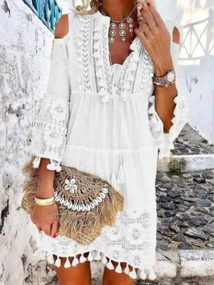 Dunnmall Women's Shift Dress Short Mini Dress - 3/4 Length Sleeve Tassel Fringe Lace Cold Shoulder Summer Hot Casual Boho vacation dresses White Blue Yellow Beige Light Blue S M L XL XXL 3XL-0208808