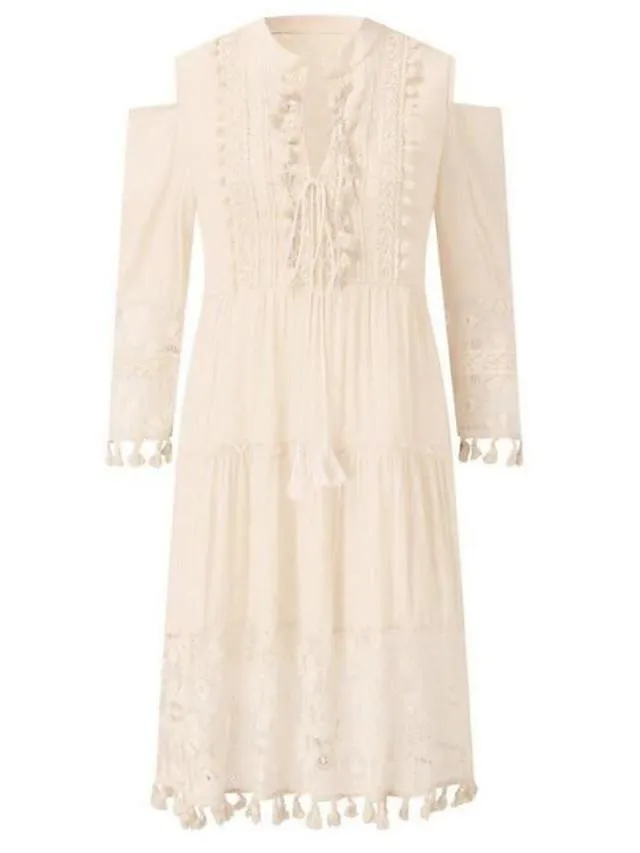 Dunnmall Women's Shift Dress Short Mini Dress - 3/4 Length Sleeve Tassel Fringe Lace Cold Shoulder Summer Hot Casual Boho vacation dresses White Blue Yellow Beige Light Blue S M L XL XXL 3XL-0208808