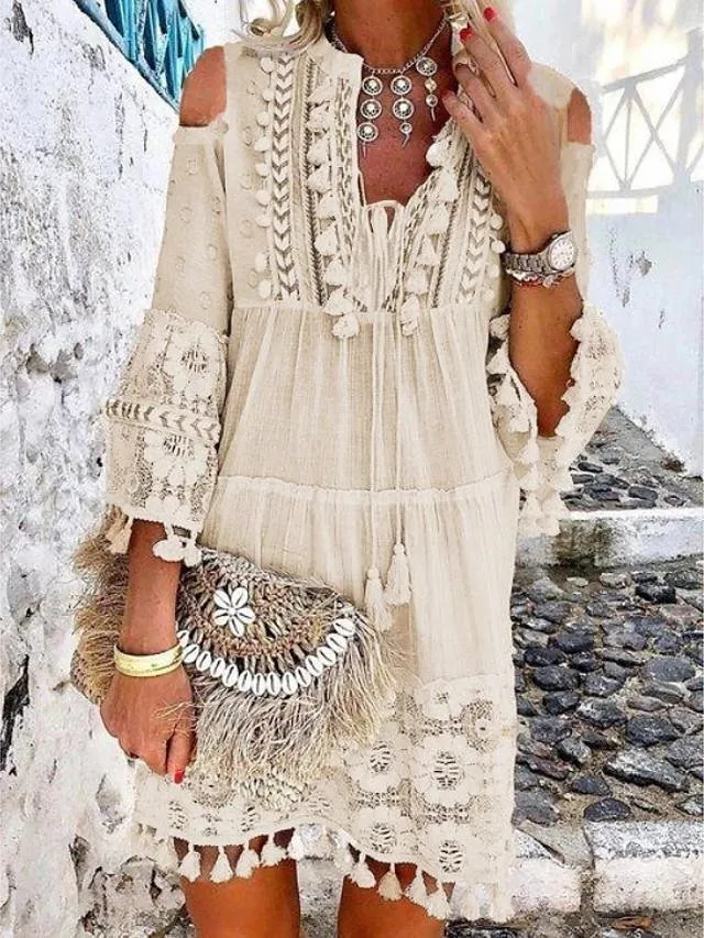 Dunnmall Women's Shift Dress Short Mini Dress - 3/4 Length Sleeve Tassel Fringe Lace Cold Shoulder Summer Hot Casual Boho vacation dresses White Blue Yellow Beige Light Blue S M L XL XXL 3XL-0208808