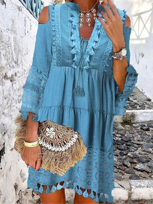 Dunnmall Women's Shift Dress Short Mini Dress - 3/4 Length Sleeve Tassel Fringe Lace Cold Shoulder Summer Hot Casual Boho vacation dresses White Blue Yellow Beige Light Blue S M L XL XXL 3XL-0208808