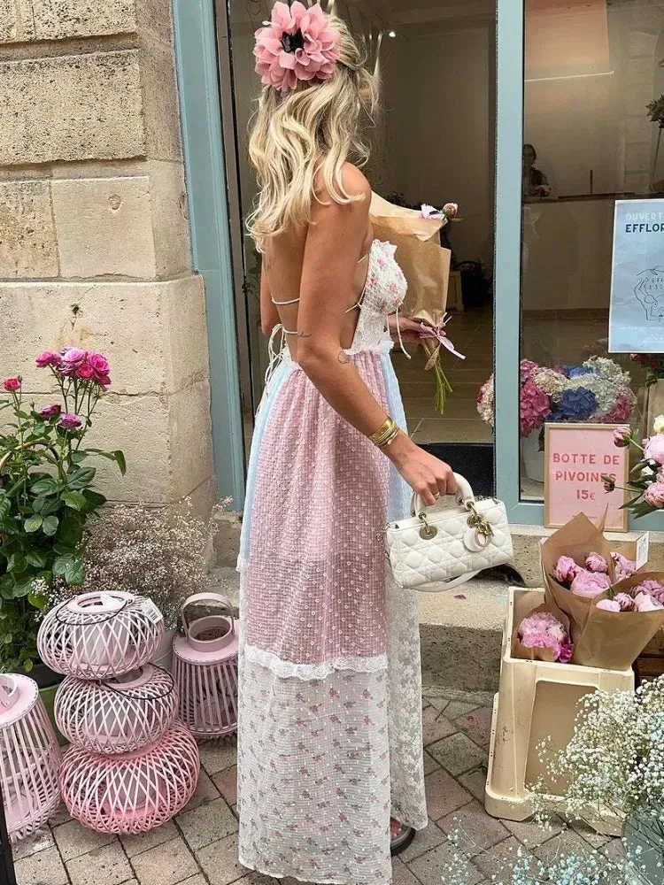 Elegant Print Lace Patchwork Halter Maxi Dress
