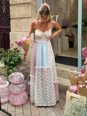 Elegant Print Lace Patchwork Halter Maxi Dress
