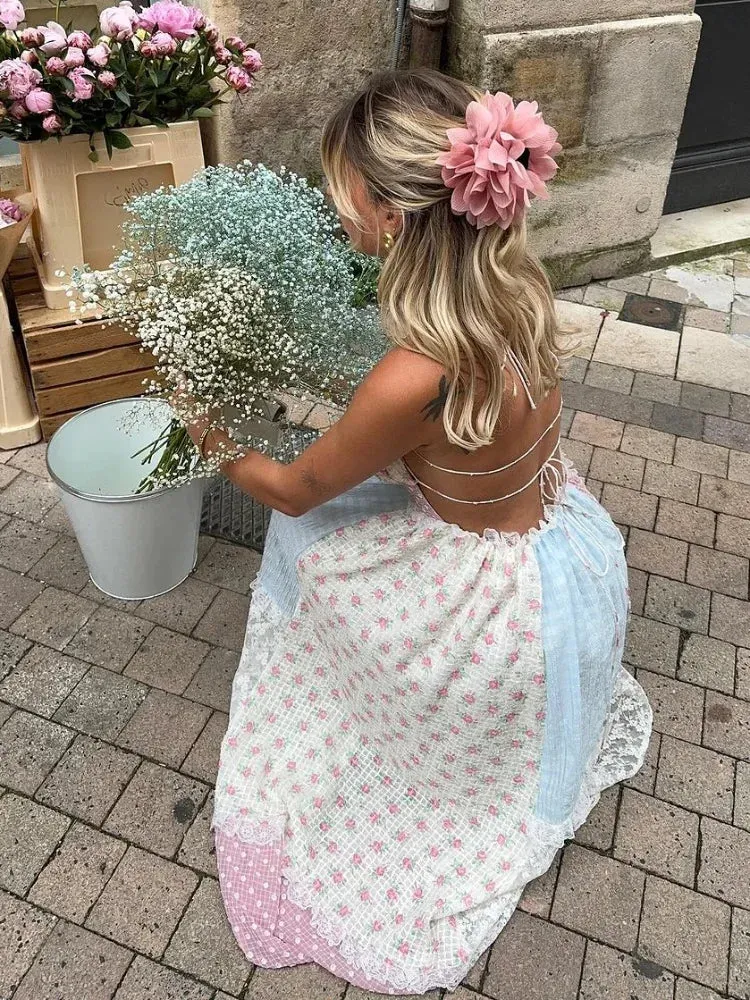 Elegant Print Lace Patchwork Halter Maxi Dress