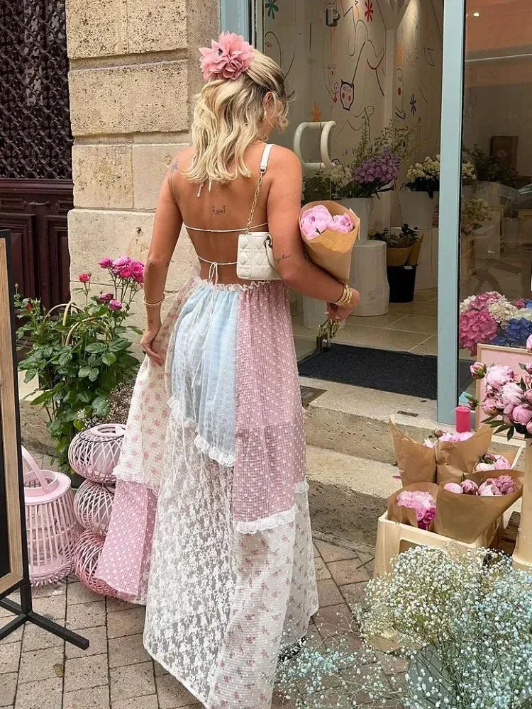 Elegant Print Lace Patchwork Halter Maxi Dress