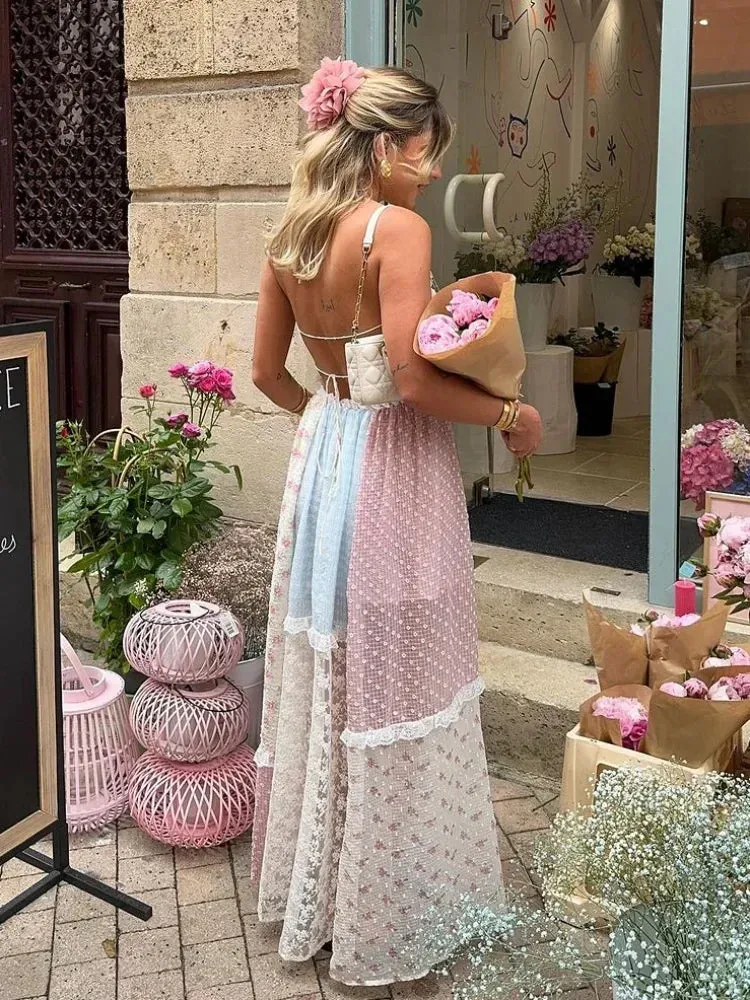 Elegant Print Lace Patchwork Halter Maxi Dress