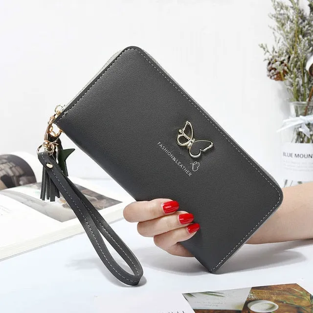 Fashion Butterfly Women Wallet Wrist Handle Phone Case Long Section Money Pocket Pouch Handbag Women's Purse Card Holders 2020