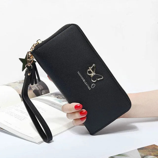 Fashion Butterfly Women Wallet Wrist Handle Phone Case Long Section Money Pocket Pouch Handbag Women's Purse Card Holders 2020
