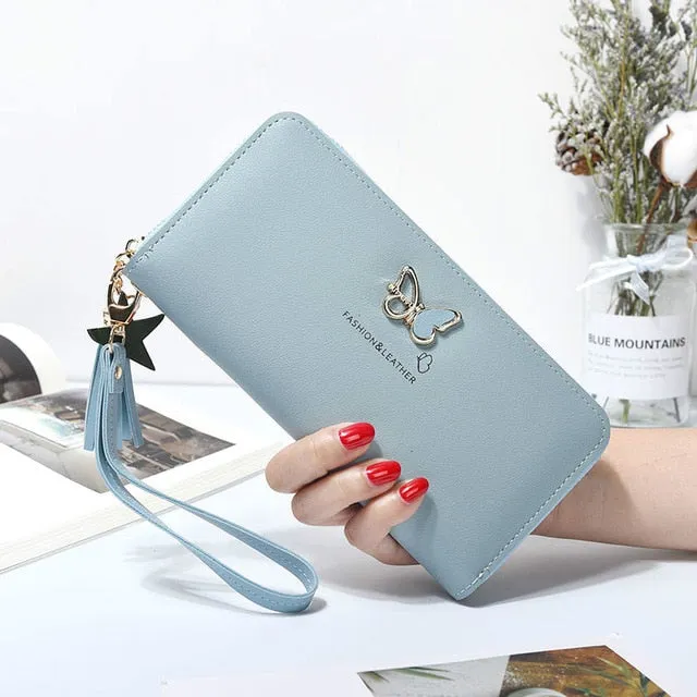 Fashion Butterfly Women Wallet Wrist Handle Phone Case Long Section Money Pocket Pouch Handbag Women's Purse Card Holders 2020