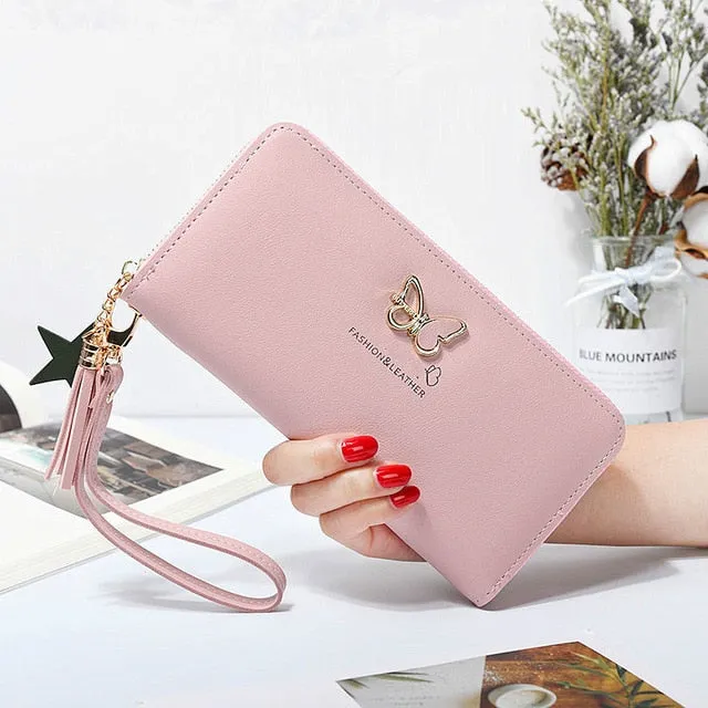 Fashion Butterfly Women Wallet Wrist Handle Phone Case Long Section Money Pocket Pouch Handbag Women's Purse Card Holders 2020