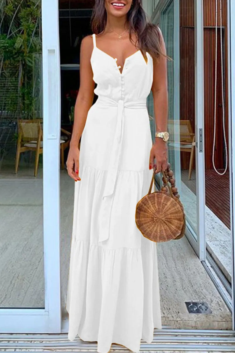 Fashion Casual Solid Frenulum V Neck Sling Dresses(5 Colors)