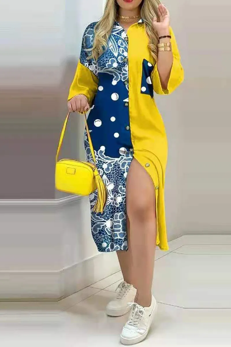 Fashion Street Print Buckle  Contrast Shirt Dress Dresses