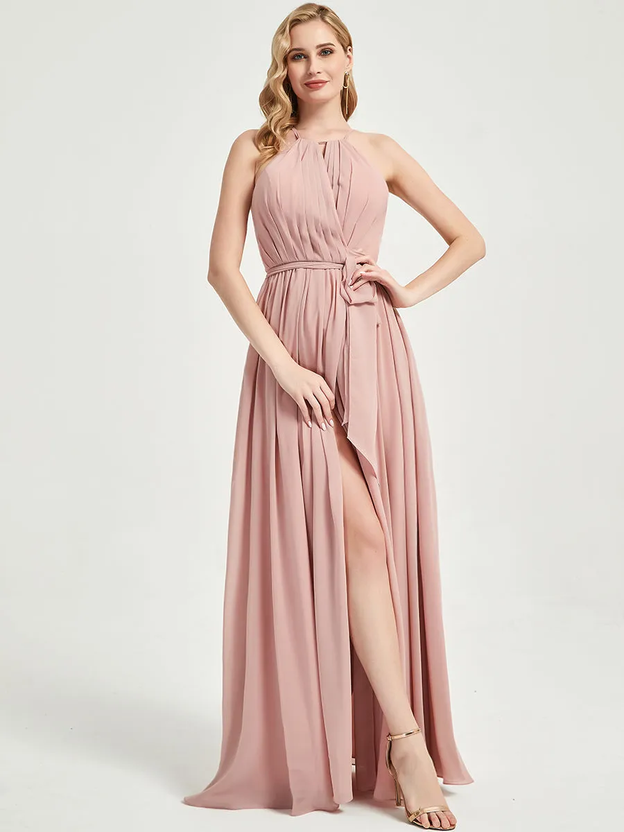 Halter Neck Slit Wrap Desert Rose Chiffon Bridesmaid Dress Floor Length