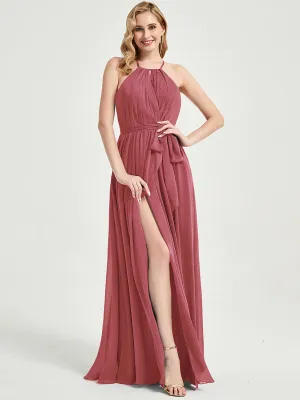 Halter Neck Slit Wrap Desert Rose Chiffon Bridesmaid Dress Floor Length