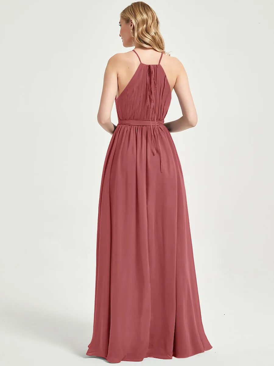Halter Neck Slit Wrap Desert Rose Chiffon Bridesmaid Dress Floor Length