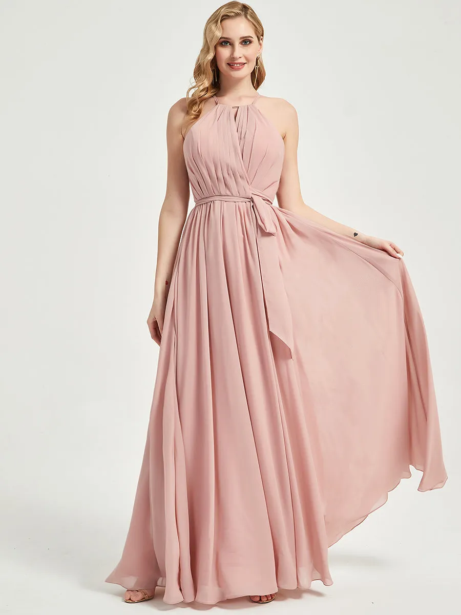 Halter Neck Slit Wrap Desert Rose Chiffon Bridesmaid Dress Floor Length