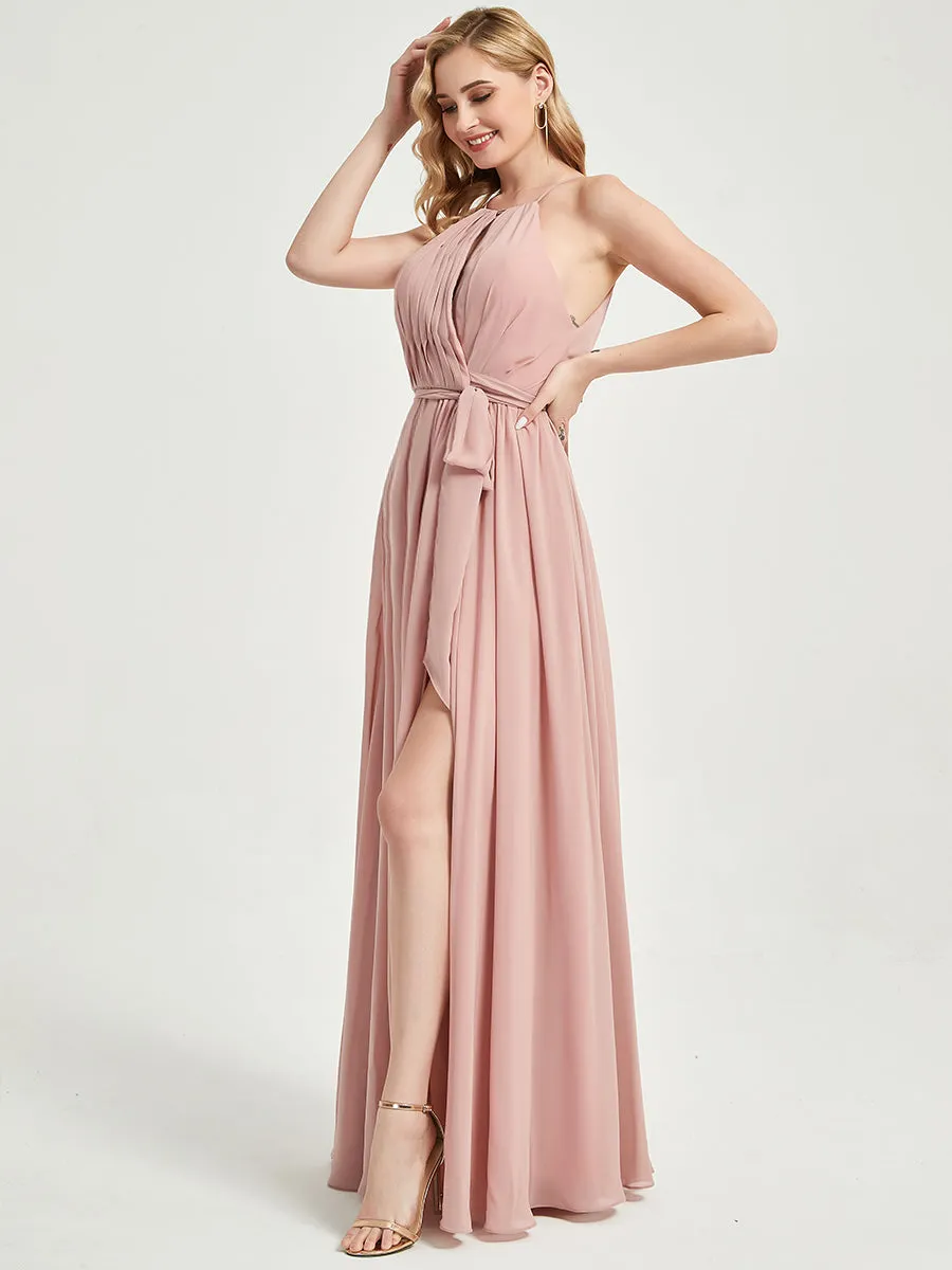 Halter Neck Slit Wrap Desert Rose Chiffon Bridesmaid Dress Floor Length