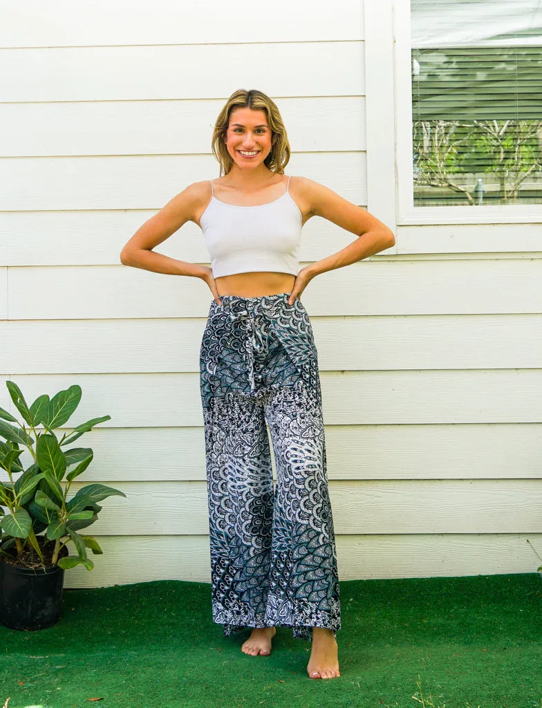 Ivory Peacock Palazzo Wrap Pants