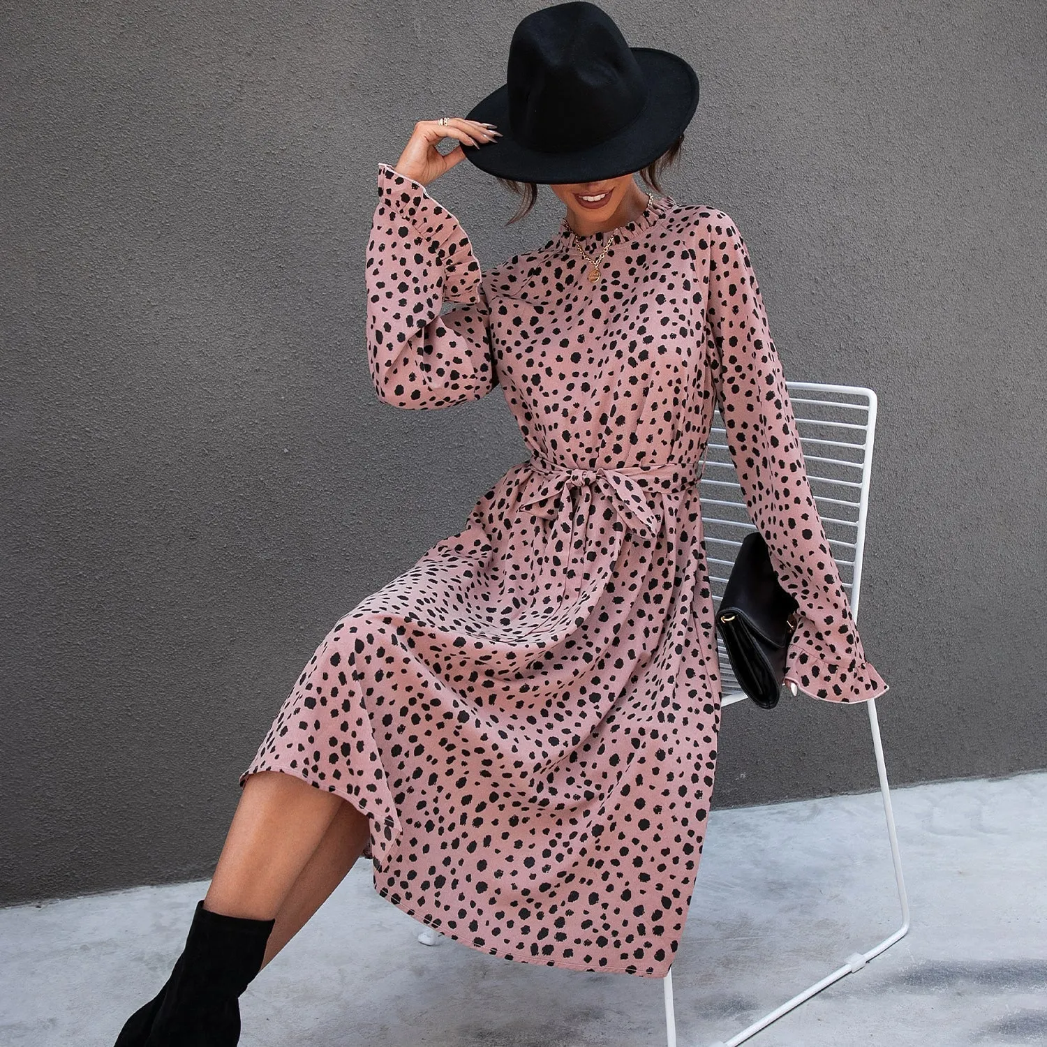 KittenAlarm - All Over Leopard Print Flounce Sleeve Belted Dress