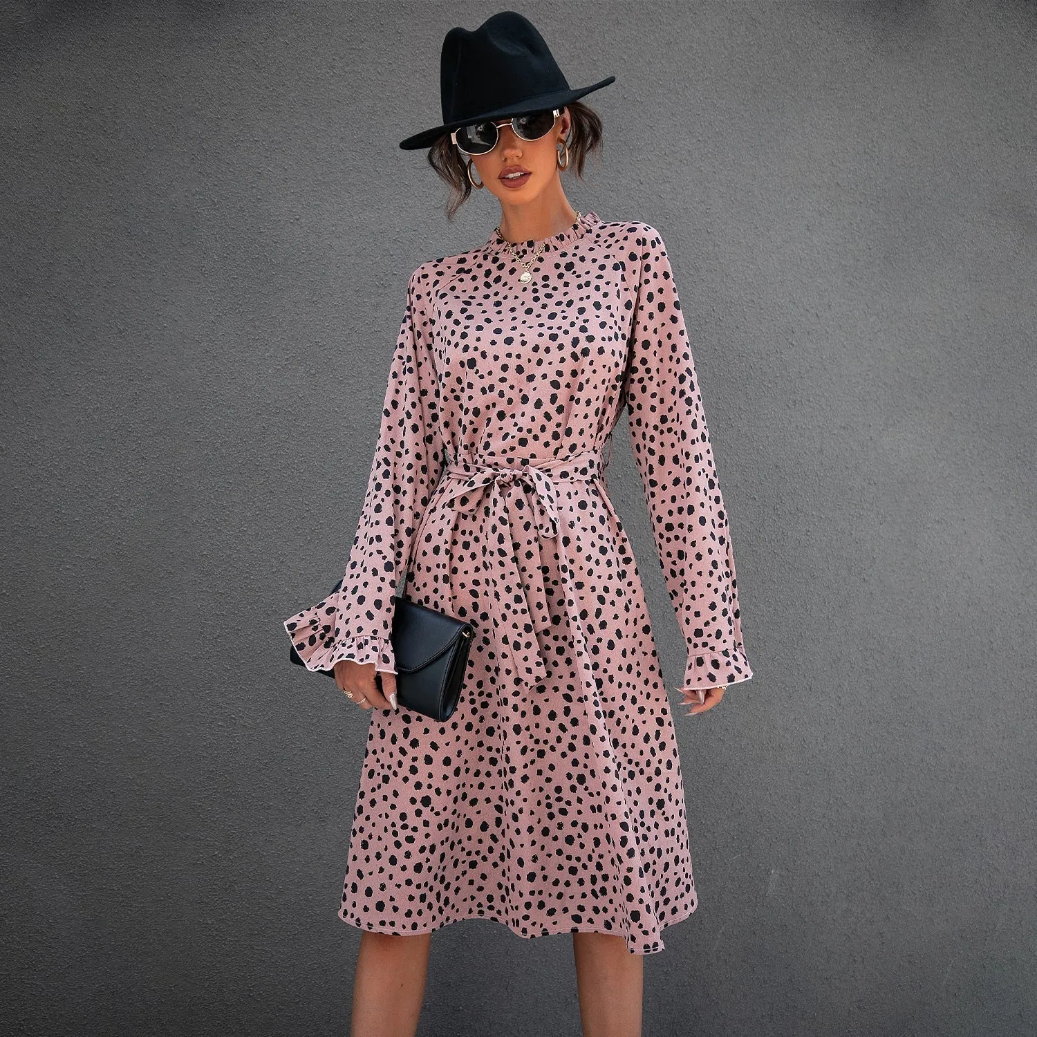 KittenAlarm - All Over Leopard Print Flounce Sleeve Belted Dress