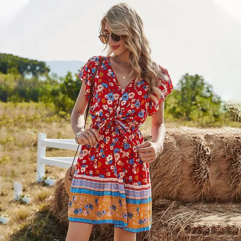 KittenAlarm - Spring and Summer New Women's Lace V-neck Printed Dress