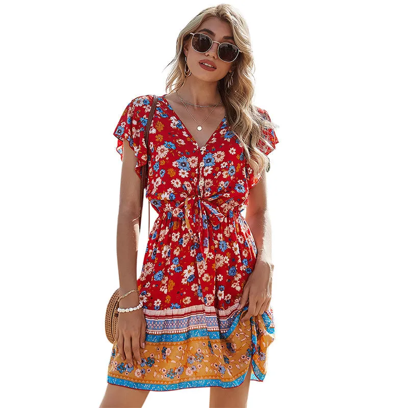 KittenAlarm - Spring and Summer New Women's Lace V-neck Printed Dress