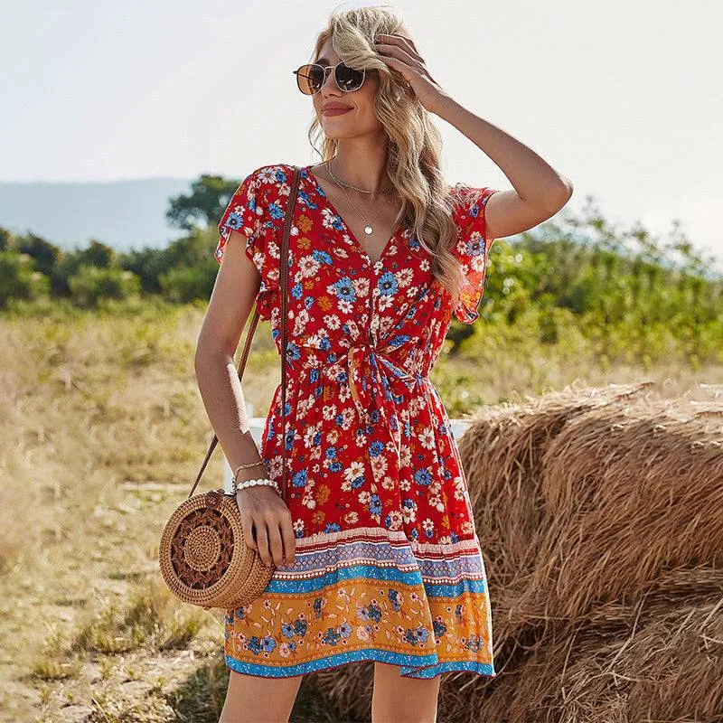 KittenAlarm - Spring and Summer New Women's Lace V-neck Printed Dress