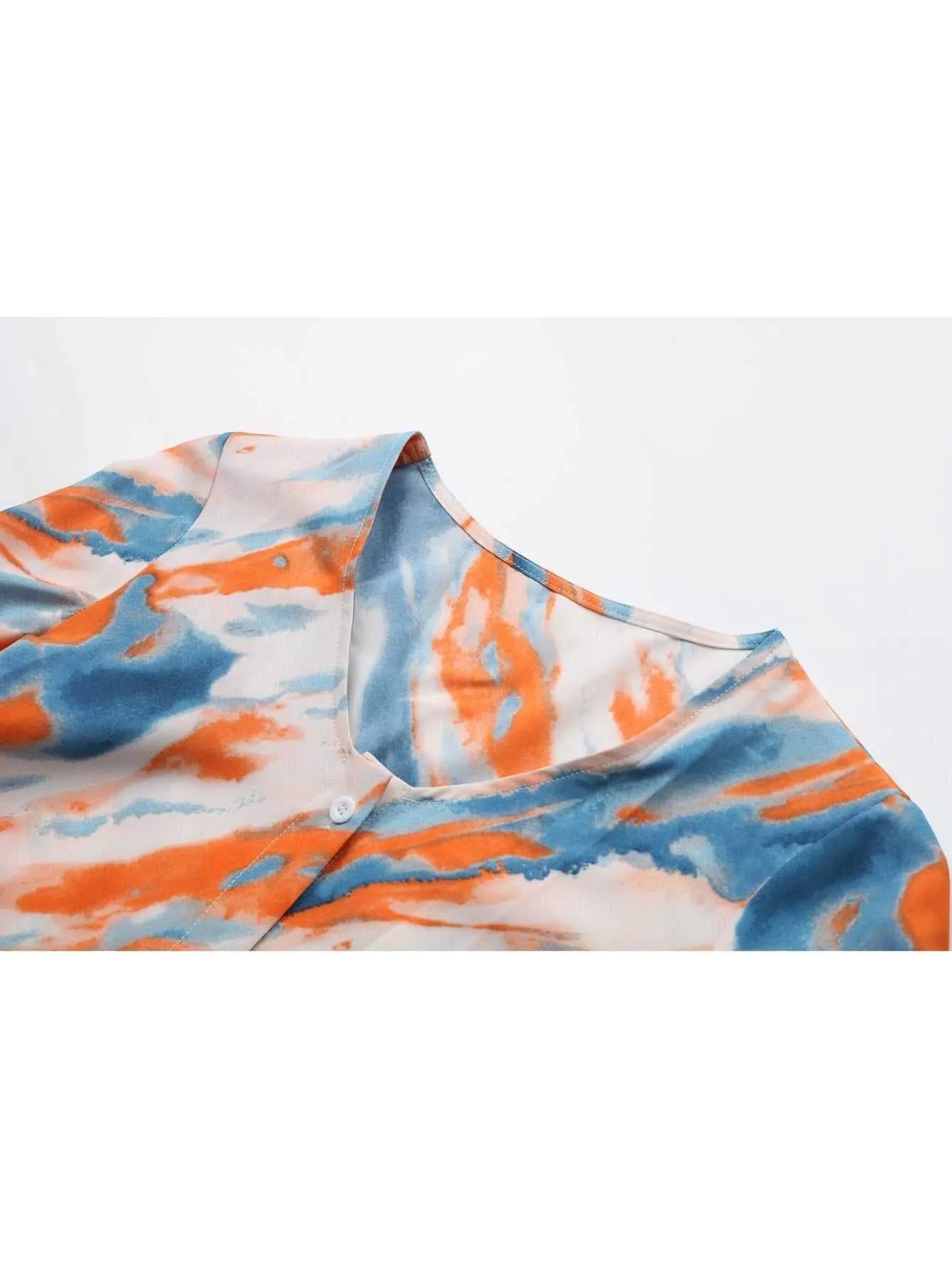 KittenAlarm - tie dye print V neck buttons open front French tea break Dress
