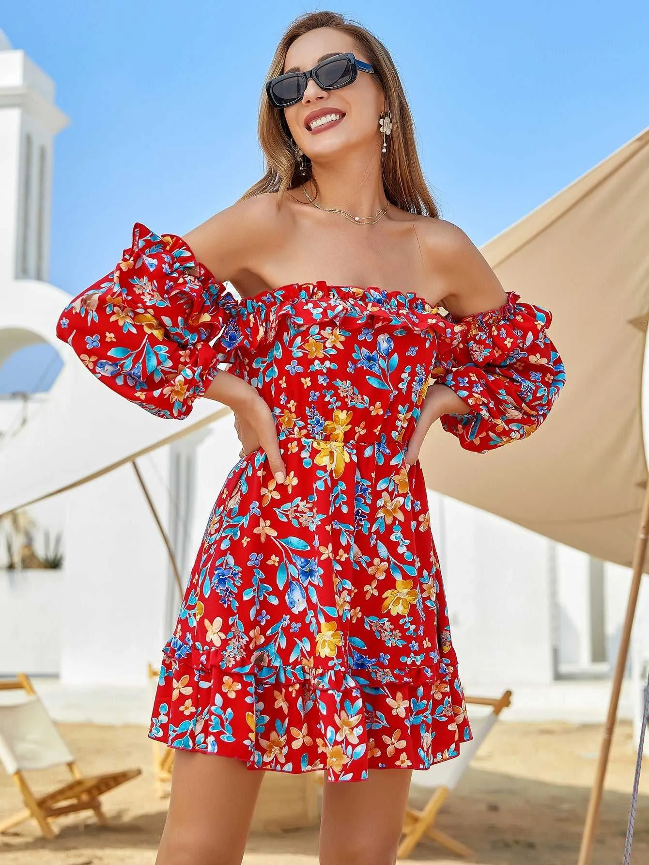 KittenAlarm - Women's Spring And Summer Shoulder Off Red Floral Print Ruffle Hem Elastic Waist Dress