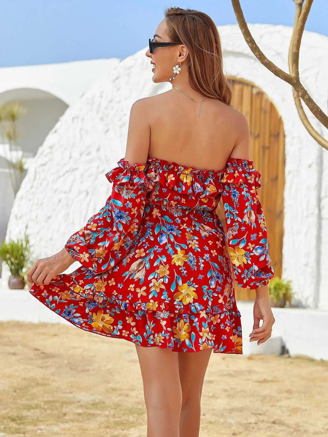 KittenAlarm - Women's Spring And Summer Shoulder Off Red Floral Print Ruffle Hem Elastic Waist Dress