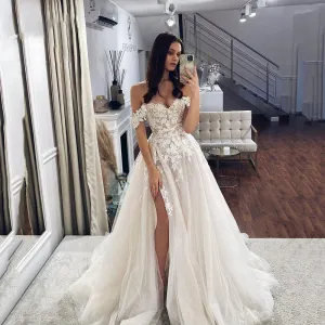 Ladies Off Shoulder Lace Appliqué Beach Wedding Dress Boho Side High Slit