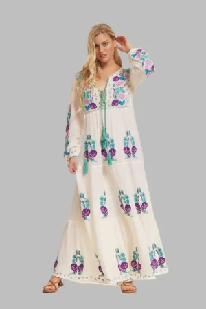Lara Embroidered Maxi Dress Natural/ Multicolor