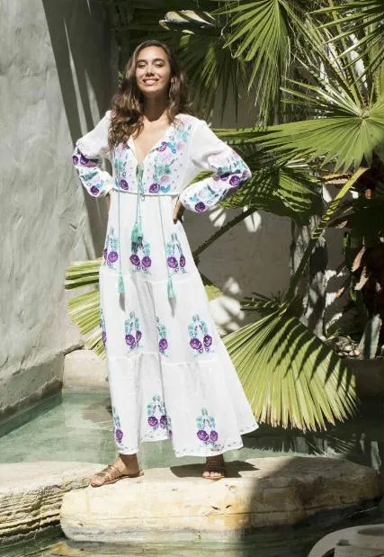 Lara Embroidered Maxi Dress Natural/ Multicolor