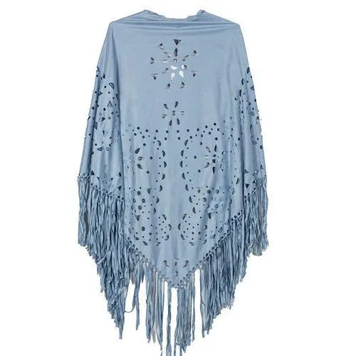 Light Blue Suedette Laser Cut Fringed Cape