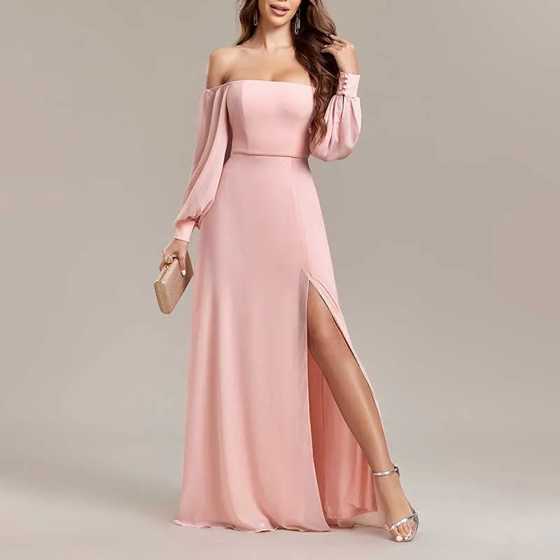 Long Prom Gown Off The Shoulder Evening Dress Chiffon Bridesmaid Dress