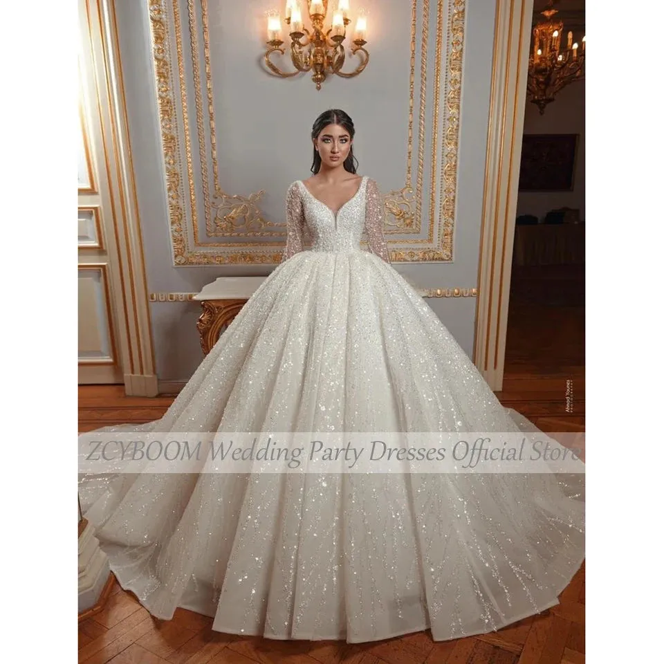 Long Sleeves Wedding Dress Ball Gown Floor Length Sweep Train Tulle Zipper