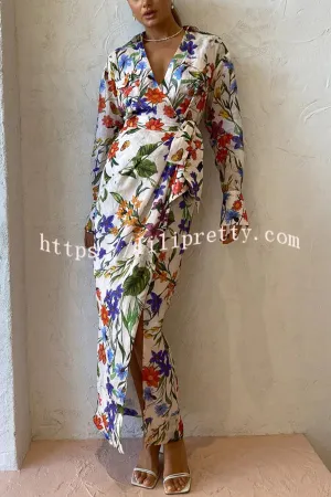 Modern Romantic Linen Blend Floral Print Wrap Shirt Maxi Dress